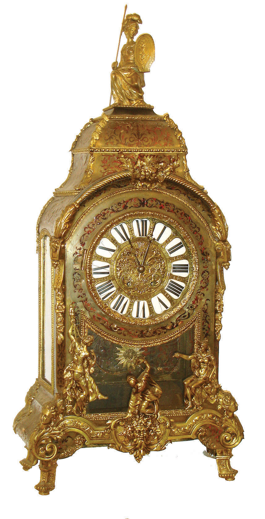 France, large Louis XV style boulle clock with music box in the base, clock case richly ornamented with gilt, cast brass mounts, and with Boulle work, the engraved scroll cut brass sheets with tortoise shell inlay, case also with removable top, surmounted by a seated female figure with shield and spear, cast brass dial with Roman numeral white enamel cartouches and repousse style decoration, blued steel hands, brass 8 days, time and strike, movement, and pendulum with gilt mask of Helios, the base concealing a music box, 8 3/8 x 2" cylinder with 2 combs, playing 6 - 8 tunes, c1860 — Antique Clocks Price Guide