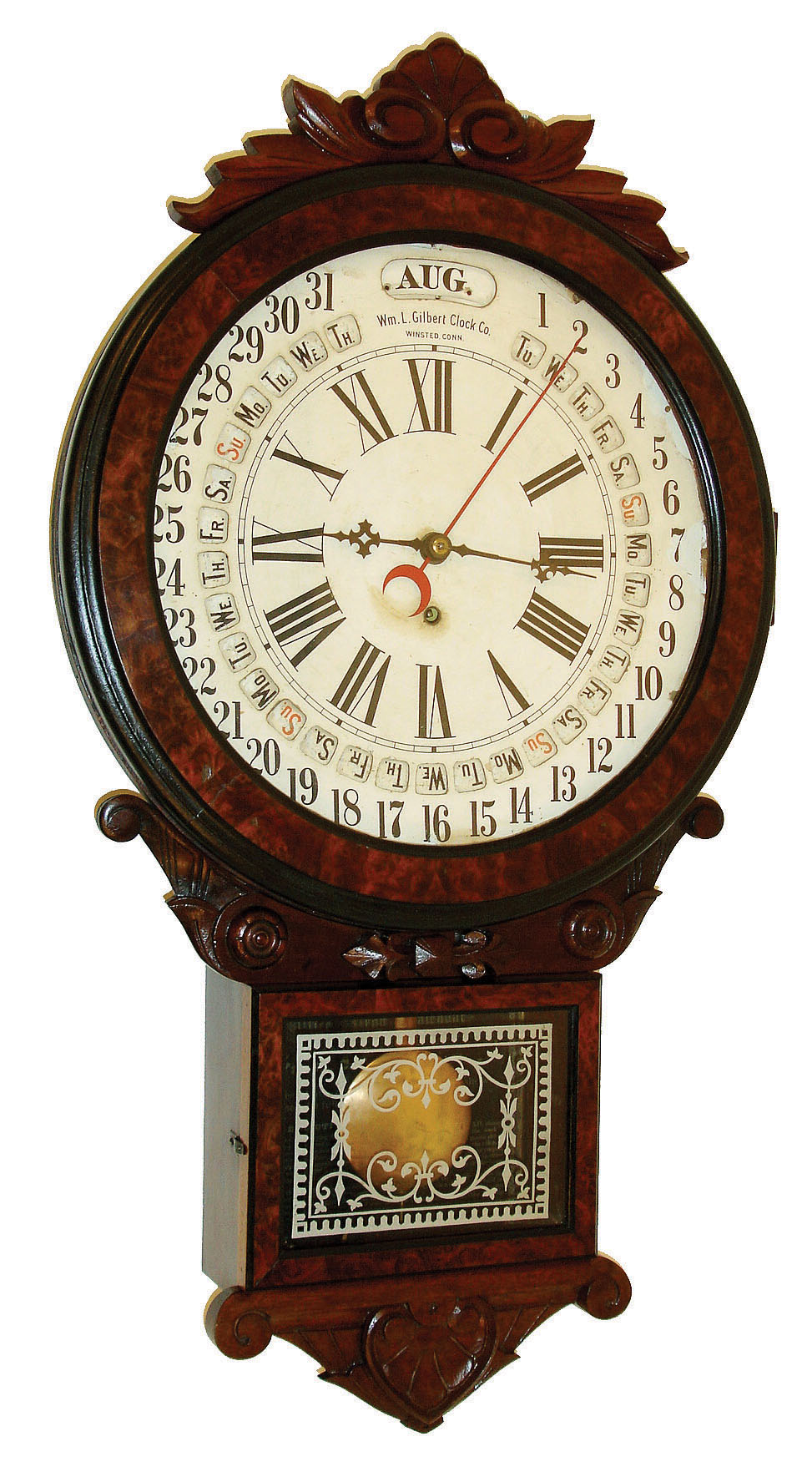 William L. Gilbert Clock Co., Winsted, Conn., "Office Drop Calendar", 8 days, time (only) with Maranville type calendar in fancy walnut case, c1881 — Antique Clocks Price Guide