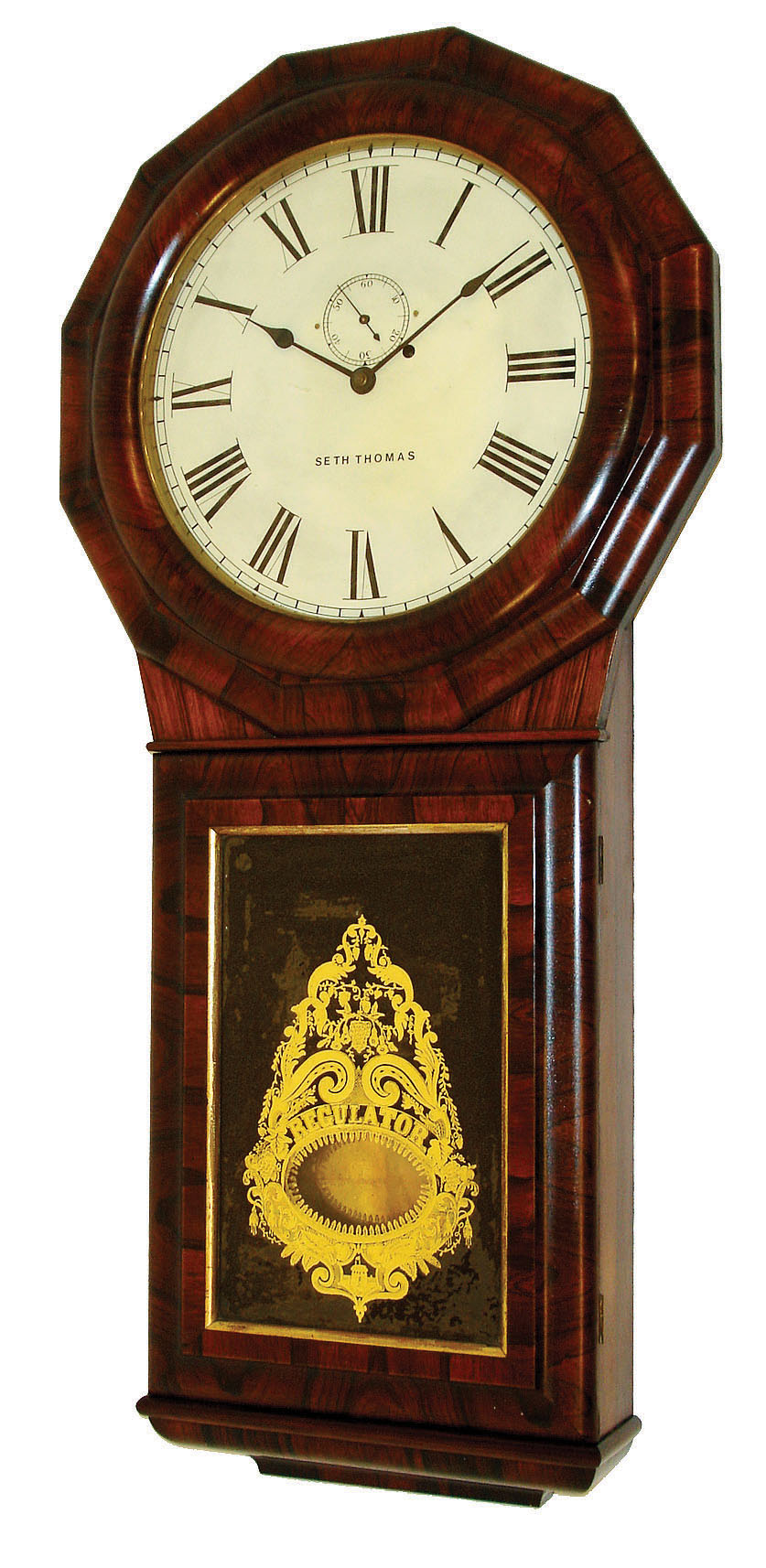 Seth Thomas Clock Co., Plymouth Hollow, Conn.. "Regulator No. 1 Extra" with 8 day weight driven timepiece movement (of the Silas B. Terry design) in a rosewood veneered case, c1865, — Antique Clocks Price Guide