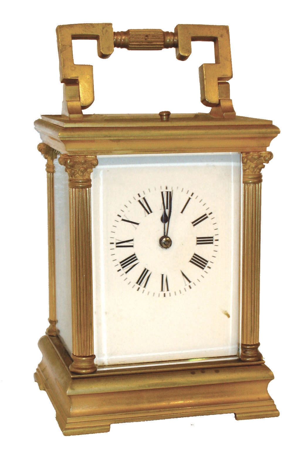 France, carriage clock, 8 days, time and strike, hour repeating movement with lever platform,  gilt case with Corinthian columns, molded cornice and base, beveled glasses, and carrying handle, Roman numeral white enamel dial, blued steel hands, c1910 — Antique Clocks Price Guide