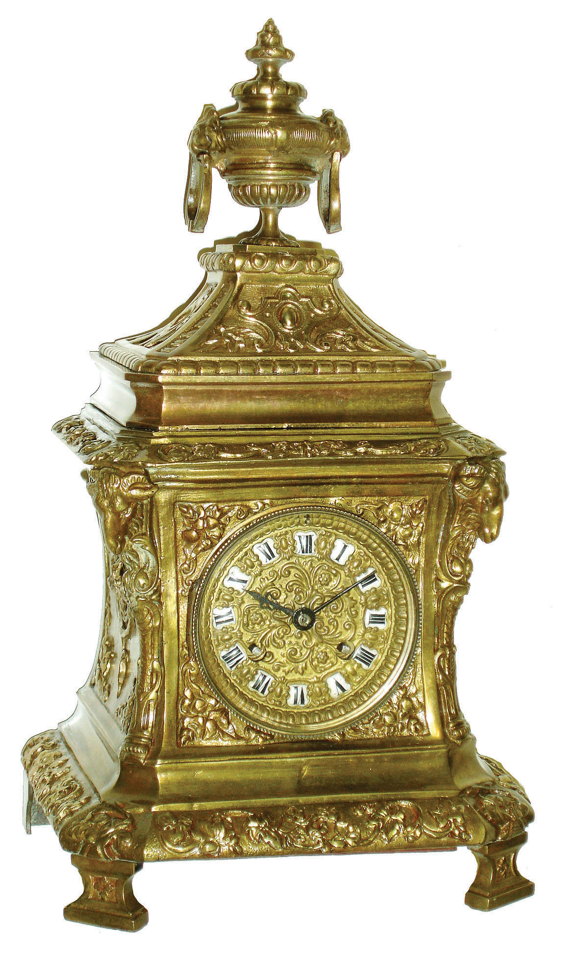 French cast bronze ornate 8 days, time and strike, mantel clock, rams heads top corners, c1890 — Antique Clocks Price Guide