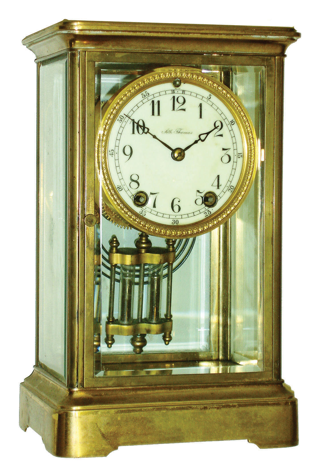 Seth Thomas Clock Co., Thomaston, Conn., "Empire No. 0" 8 days, time and strike, brass and beveled glass crystal regulator mantel clock, c1909 — Antique Clocks Price Guide