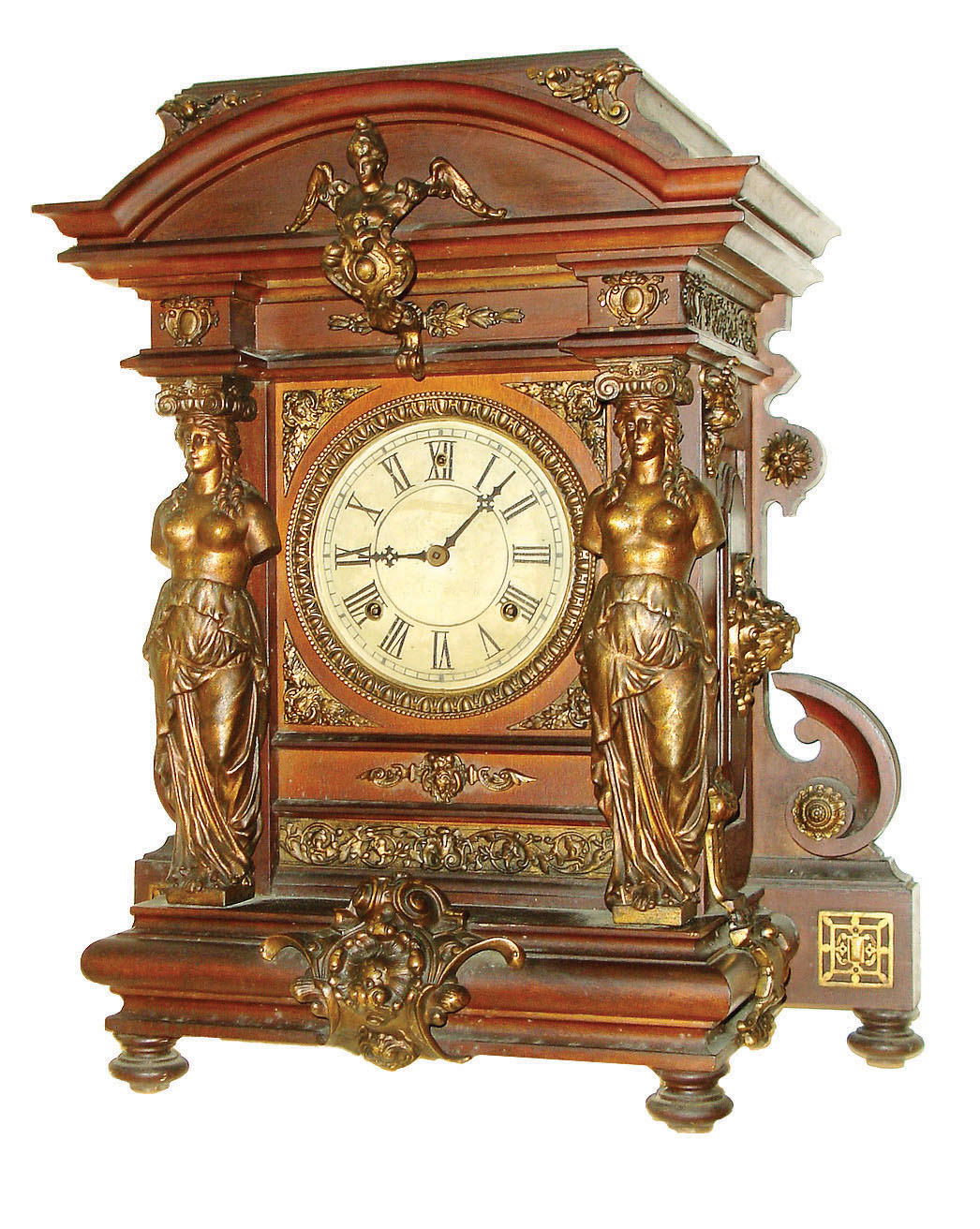 Ansonia Clock Co., New York, N.Y., "Senator" cabinet mantel clock, 8 days, time and strike, spring driven movement in a mahogany case with bronzed appliqu s and female figures flanking painted metal dial, c1905 — Antique Clocks Price Guide