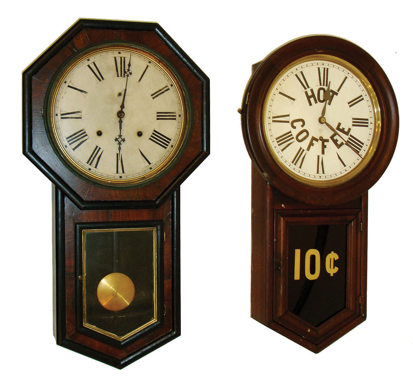 Clocks- 4 (Four) wall, 3 Connecticut and 1 Vienna: (1) Welch, Spring & Co., Forestville, Conn "Verdi" model 8 days, time and strike, clock in rosewood veneer case, c1870.  (2) Ansonia Clock Co., New York, "Regulator A" model 8 day timepiece in a walnut case, c1900.  (3) Ansonia Clock Co, New York, 8 day advertising clock in darkly finished case, c1900.  (4) Period small Vienna Regulator case with modern spring driven 31 day time and strike movement. c 1890 (case only). — Antique Clocks Price Guide