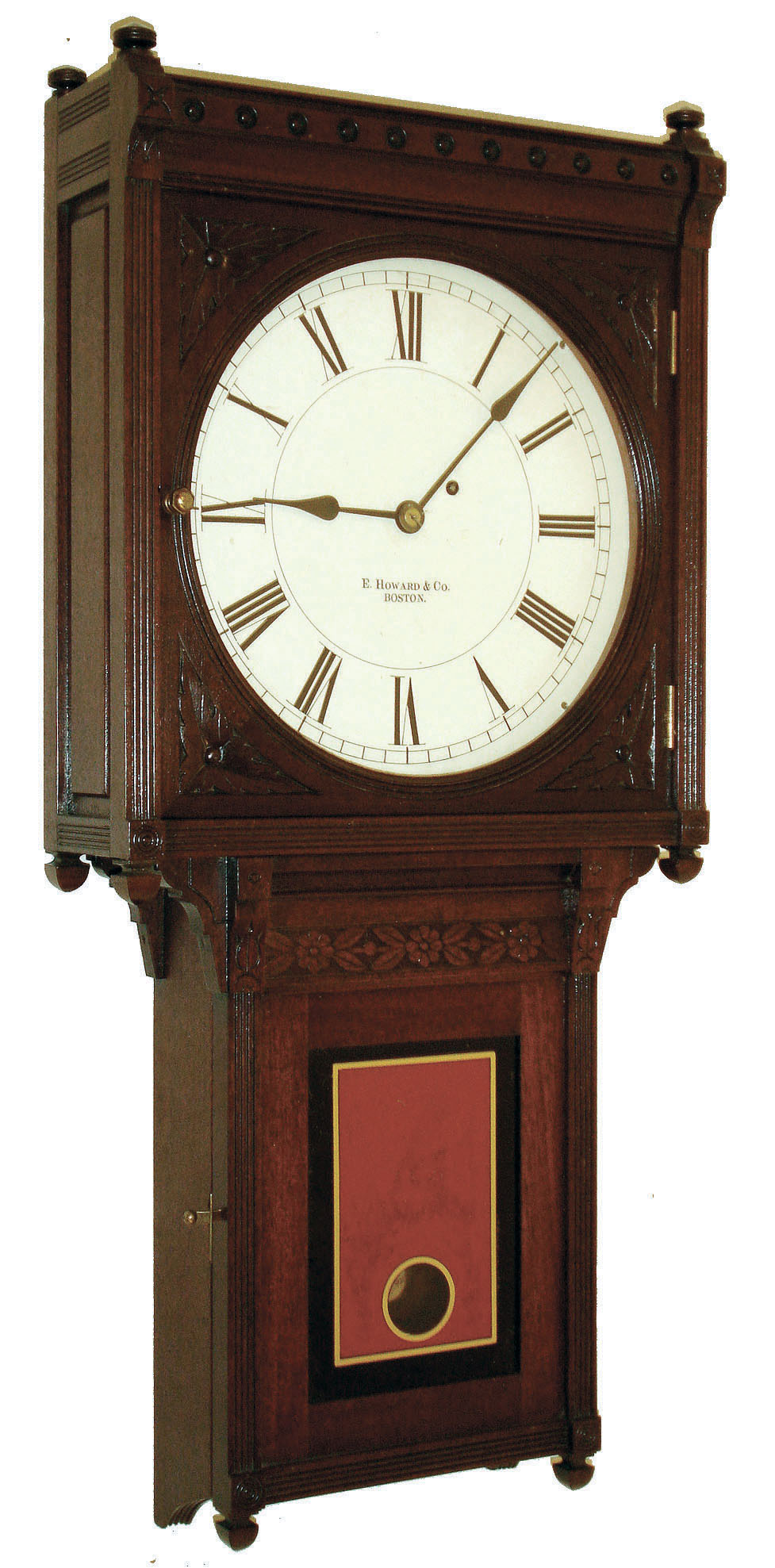 E. Howard & Co., Boston, Mass., "No. 75 Regulator" wall clock, 8 days, time only, weight driven movement in a mahogany case with reverse painted tablet and painted metal dial, c1885 — Antique Clocks Price Guide