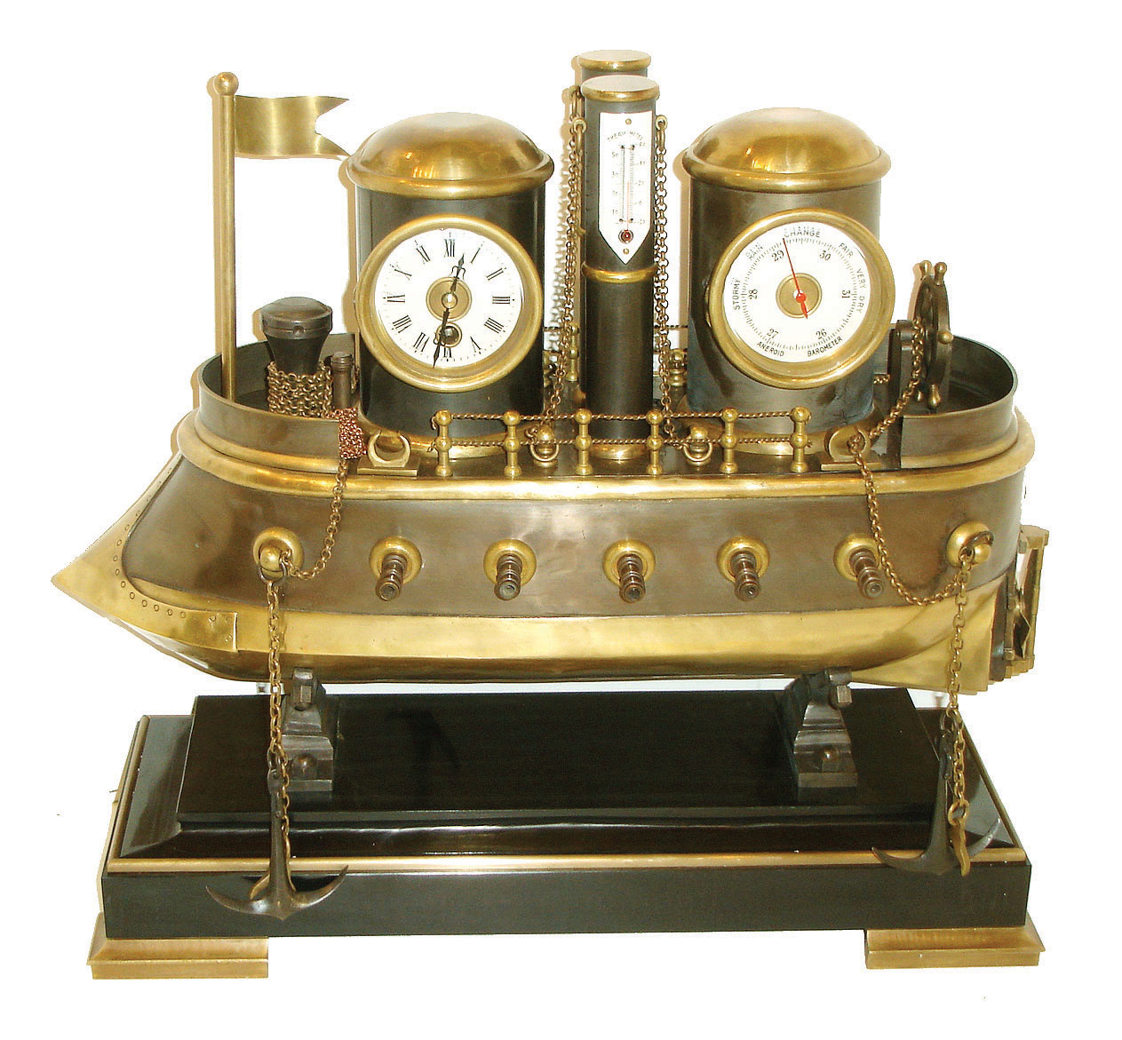 Reproduction, Battleship, based on a French Industrial series original of the 1890s, ship with 12 guns, and armored bow, with time only, clock and barometer mounted to the gun turrets, and with thermometer, all mounted to a polished black slate base, and with engraved brass plaque, "Made in Britain 1865", c2014 — Antique Clocks Price Guide