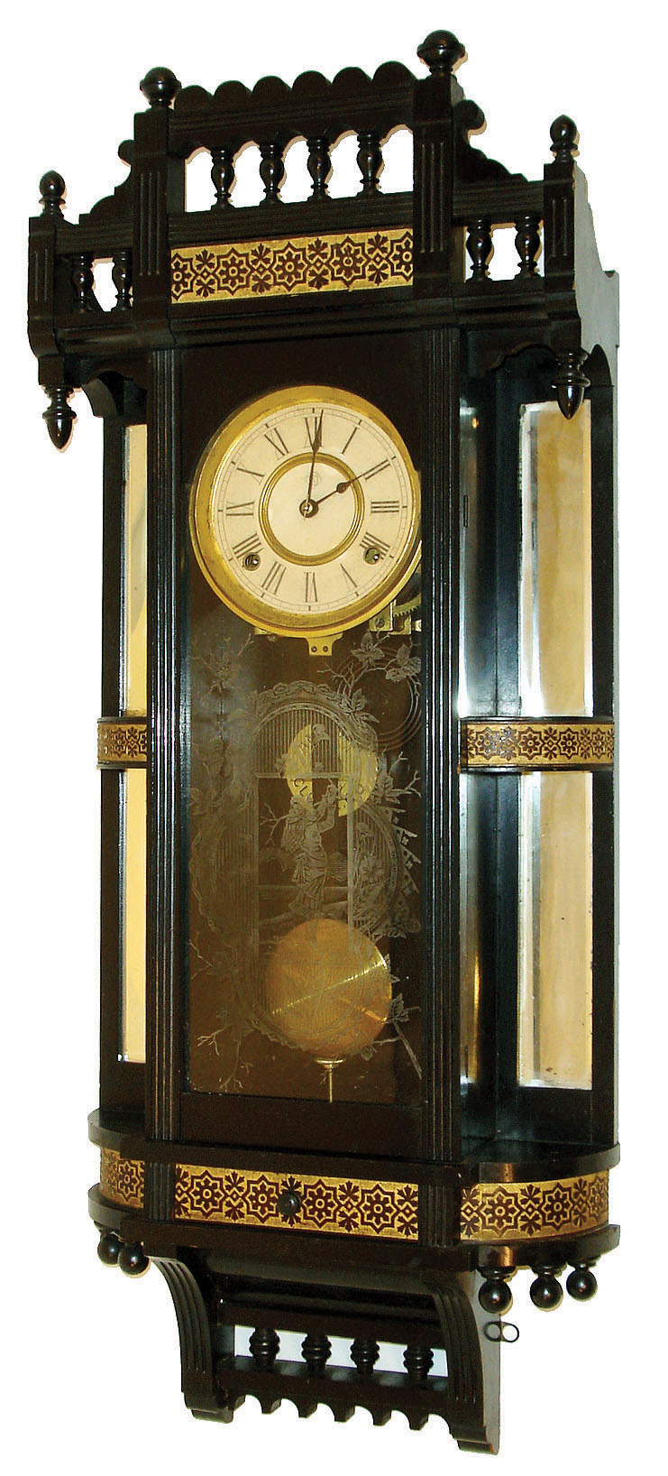 Ansonia Clock Co., New York, "Reflector" model 8 day spring driven time and strike (cathedral gong) hanging wall clock in an ebony finished case. — Antique Clocks Price Guide