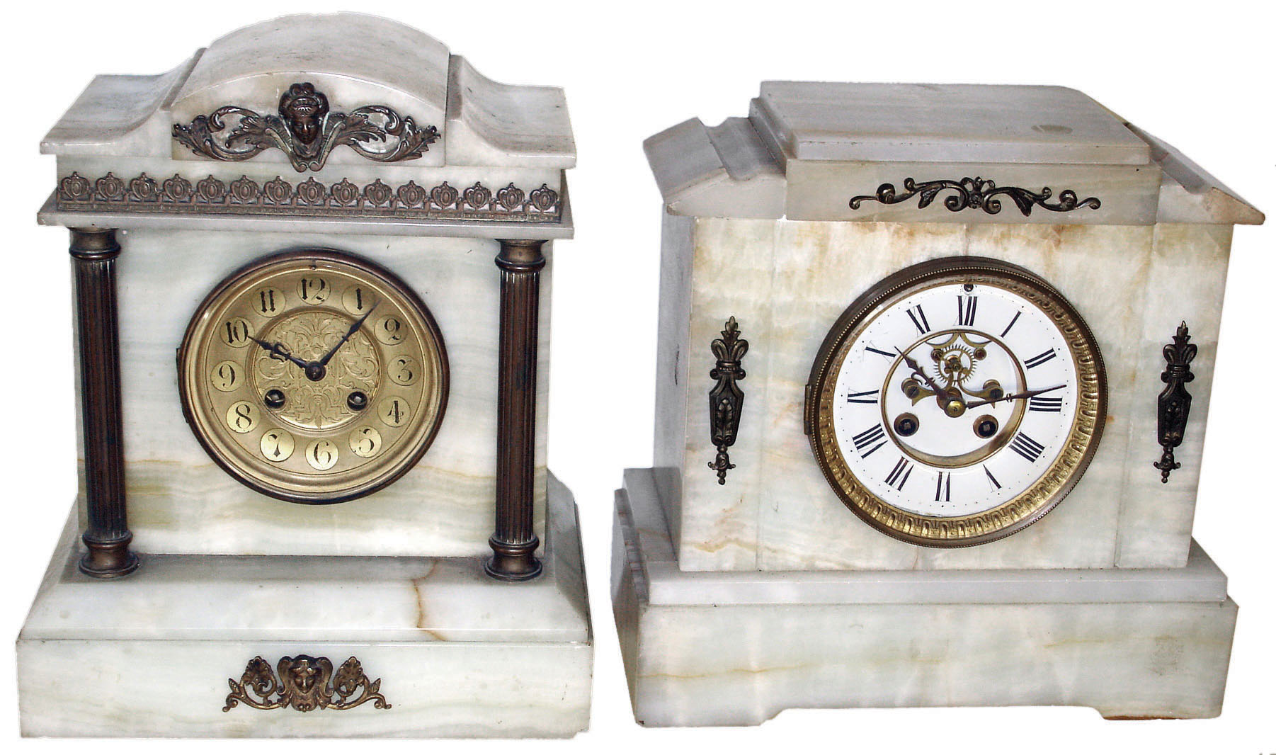 Clocks- 2 (Two) French alabaster 8 days, time and strike, mantel clocks; gold dial with Japy Freres works; white porcelain dial, visible escapement, unsigned works; late 19th century — Antique Clocks Price Guide