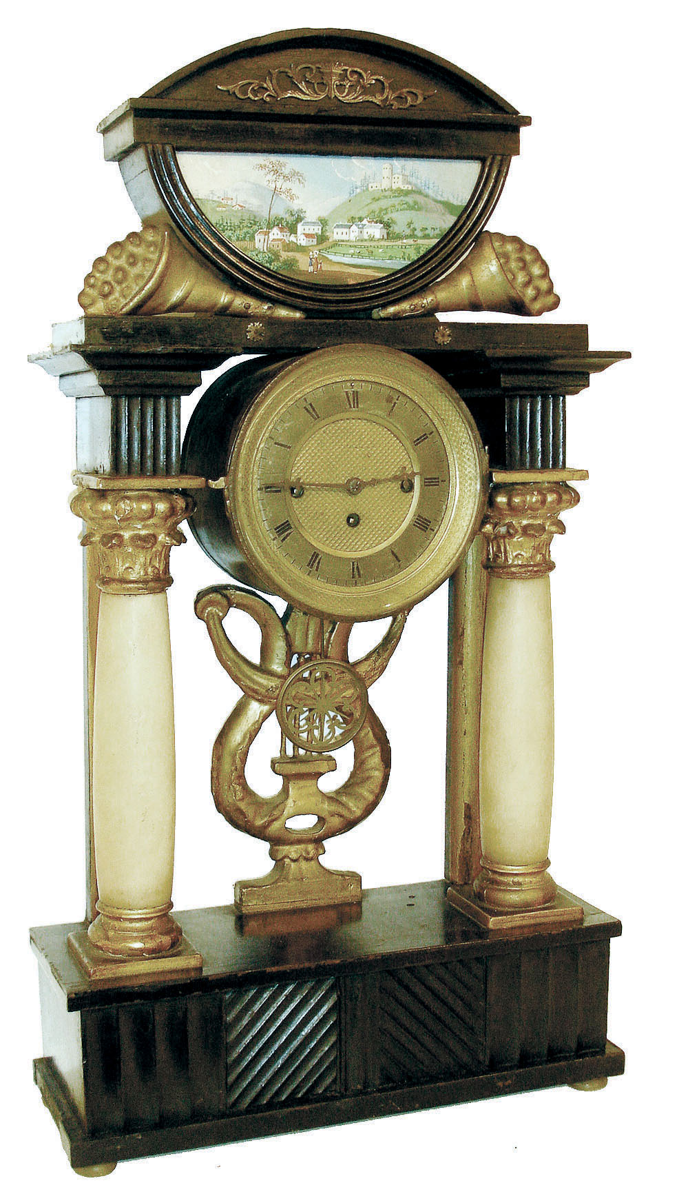 Austria, grand sonnerie striking mantel clock, ebonized case with carved decoration, the alabaster columns with gilt capitals and bases, case top with gilt cornucopia flanking a very nice watercolor landscape behind glass, the painting with buildings, a farmyard with livestock, and 3 well dressed figures in the foreground, Roman numeral silvered dial with gilt engine turned center and bezel, blued steel hands, and pierced brass pendulum, brass 2 day movement with grand sonnerie striking, now without the music box originally contained in the base, c1840 — Antique Clocks Price Guide