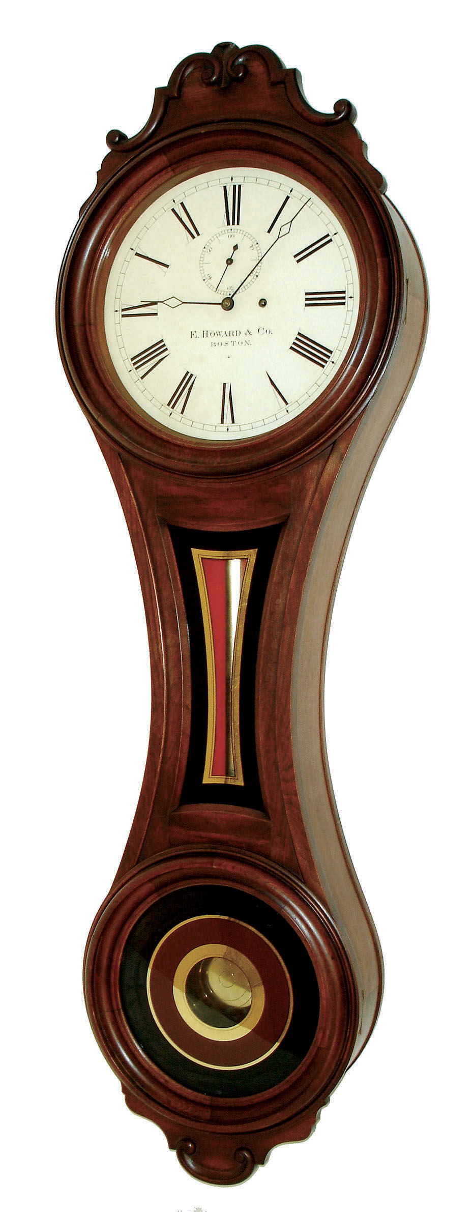 E. Howard & Co., Boston, Mass., "No. 6 Regulator" figure eight wall clock, 8 days, time only, weight driven movement in a walnut case with reverse tablet tablets and painted metal dial, c1884 — Antique Clocks Price Guide