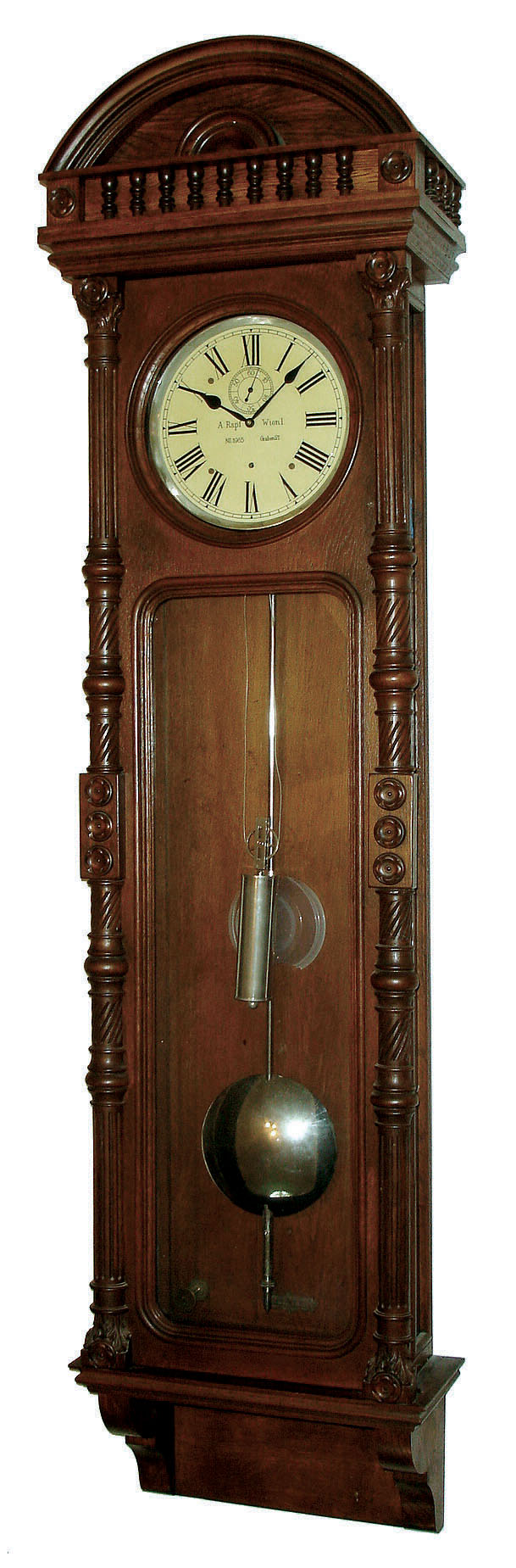 A. Rapf, Vienna, Graben 21, Vienna, Austria, oversize Vienna regulator, long duration (30 days?), time only, weight driven movement with subsidiary seconds, nickel plated weight, pulley and precision pendulum, signed "RIEFLER MUNCHEN DRP 100870 241.". The cream enamel dial is signed by Rapf and numbered 1965, c1890 — Antique Clocks Price Guide