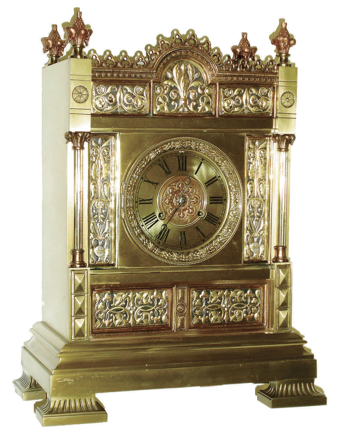 French large cast brass architectural 8 days, time and strike, mantel clock, round movement stamped "A*B", c1890 — Antique Clocks Price Guide