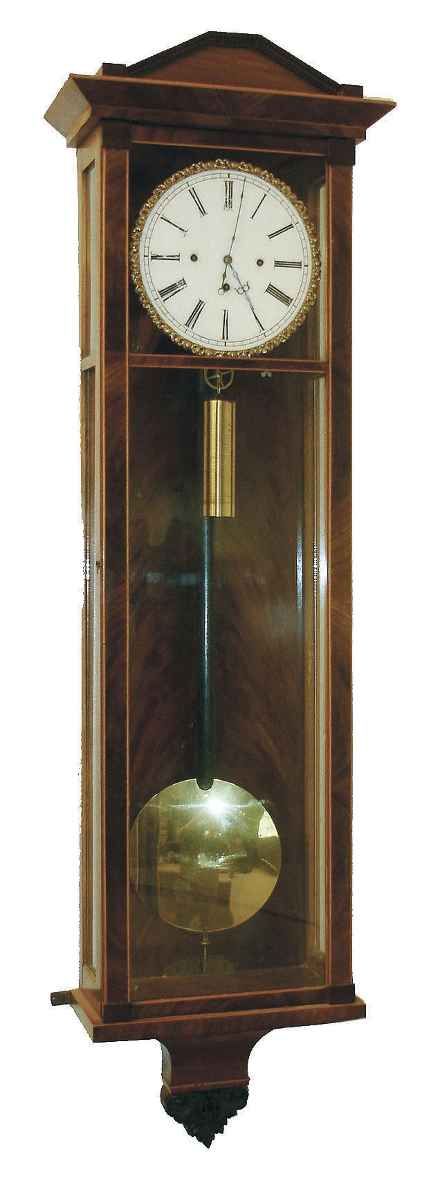 Austria, Vienna regulator, Biedermeier style, mahogany veneered case with light wood borders, backboard with nicely figured crotch mahogany veneer, top with ripple molding, and bottom bracket with carved composition ornament, Roman numeral white enamel dial with cast brass piecrust bezel, blued steel hands, brass 3 train grand sonnerie striking movement, the 3 days time train driven by a brass weight, the strike trains powered by springs, and probably of 2 to 3 day duration, c1850 — Antique Clocks Price Guide