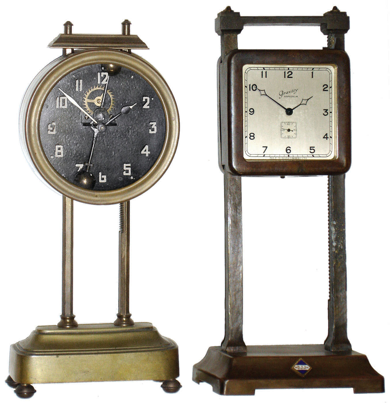 Clocks- 2 (Two) metal gravity case 30 hour novelty clocks: Ansonia with "D.J.J. Co." applied plate; French brass; early 20th century — Antique Clocks Price Guide