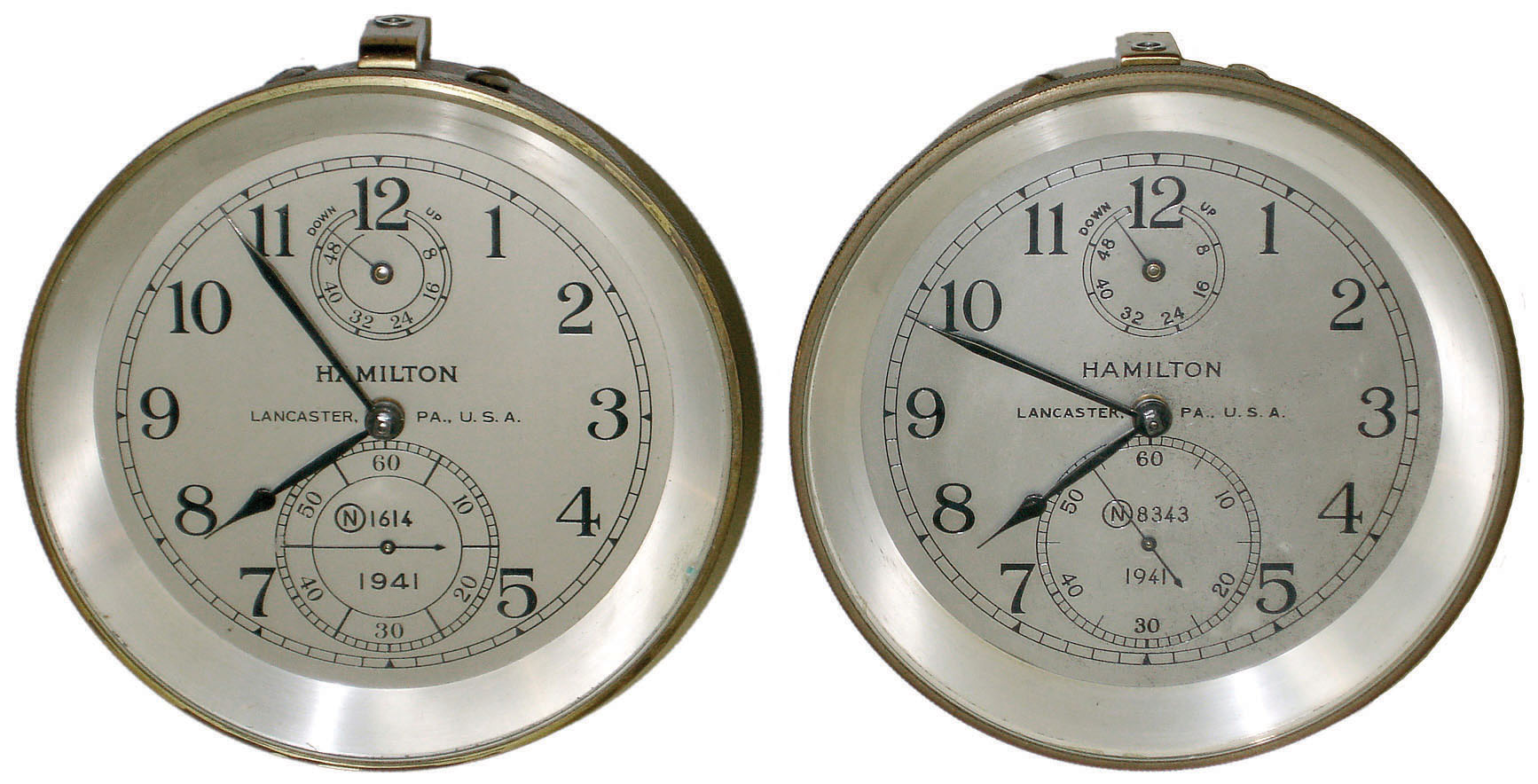 Hamilton Model 21 chronometers- 2 (Two) 56-hour 14-jewel marine timekeepers in tubs (not wood boxes), #2E8343 and #2E1614, both dated 1941 — Antique Clocks Price Guide