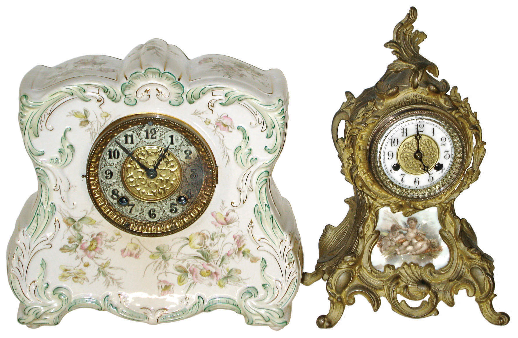 Clocks- 2 (Two) Connecticut 8 days, time and strike, mantel clocks: Gilbert "No.410" porcelain; Waterbury "Seine" cast-metal with porcelain front plate; c1898 and c1905 — Antique Clocks Price Guide