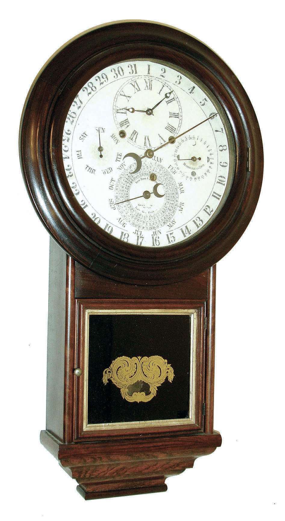 Welch, Spring & Co., Forestville, Conn., "Gale Drop Calendar No. 2" astronomical wall clock, 8 days, time and perpetual calendar, spring driven movement in a rosewood case with grained bezel, papered metal dial and Drop No. 1 style reverse painted lower tablet, c1875 — Antique Clocks Price Guide