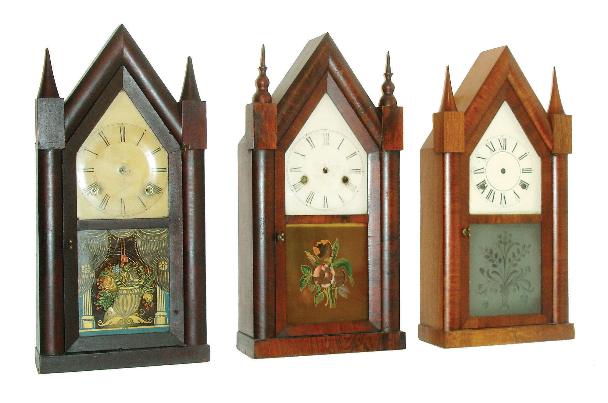 Clocks- 3 (Three): (1)E. & A. Ingraham, Bristol, Conn., 30 hours, time and strike sharp gothic or steeple clock. (2)Ansonia Clock Co., Ansonia, Conn., 30 hours, time and strike sharp gothic or steeple clock. (3)Brewster & Ingrahams, Bristol, Conn., 30 hours, time and strike sharp gothic or steeple clock. — Antique Clocks Price Guide