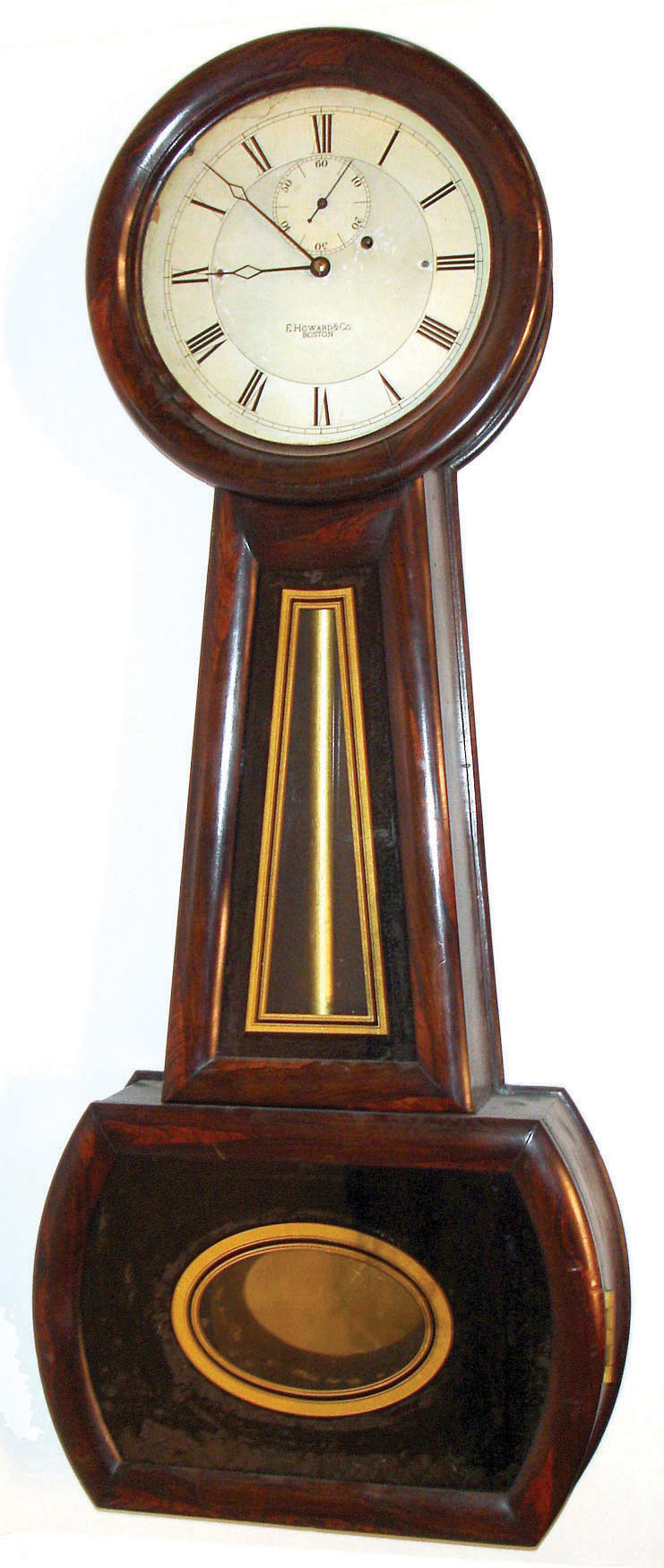 E. Howard & Co., Boston, Mass., "No. 1 Banjo", made for and sold by Riggs & Bro. Jewelers, Philadelphia, Pa. The 8 days, time only, weight driven movement is signed A. [Albert] Howard, Boston. The painted paper over iron dial has E. Howard & Co., Boston signature, c1900. — Antique Clocks Price Guide