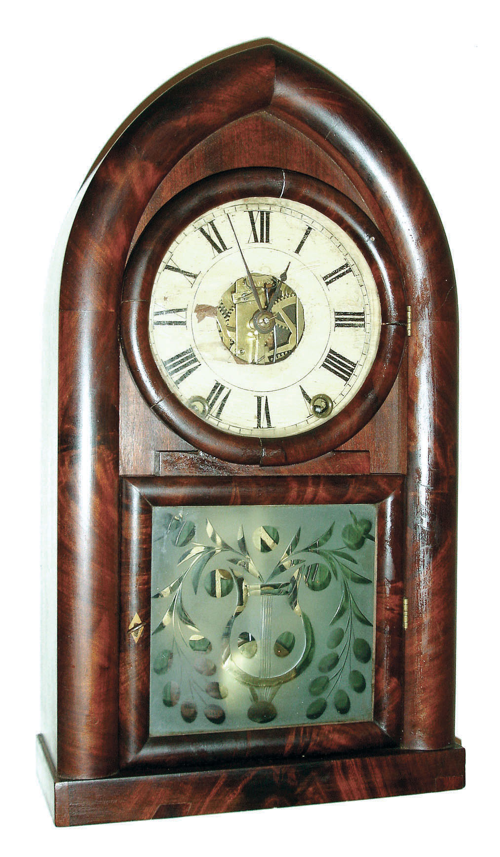 E.C. Brewster & Company, Bristol, Conn., 8 days, time and strike, Kirk's Patent iron back plate rack striking round gothic or beehive shelf clock, c1838. — Antique Clocks Price Guide