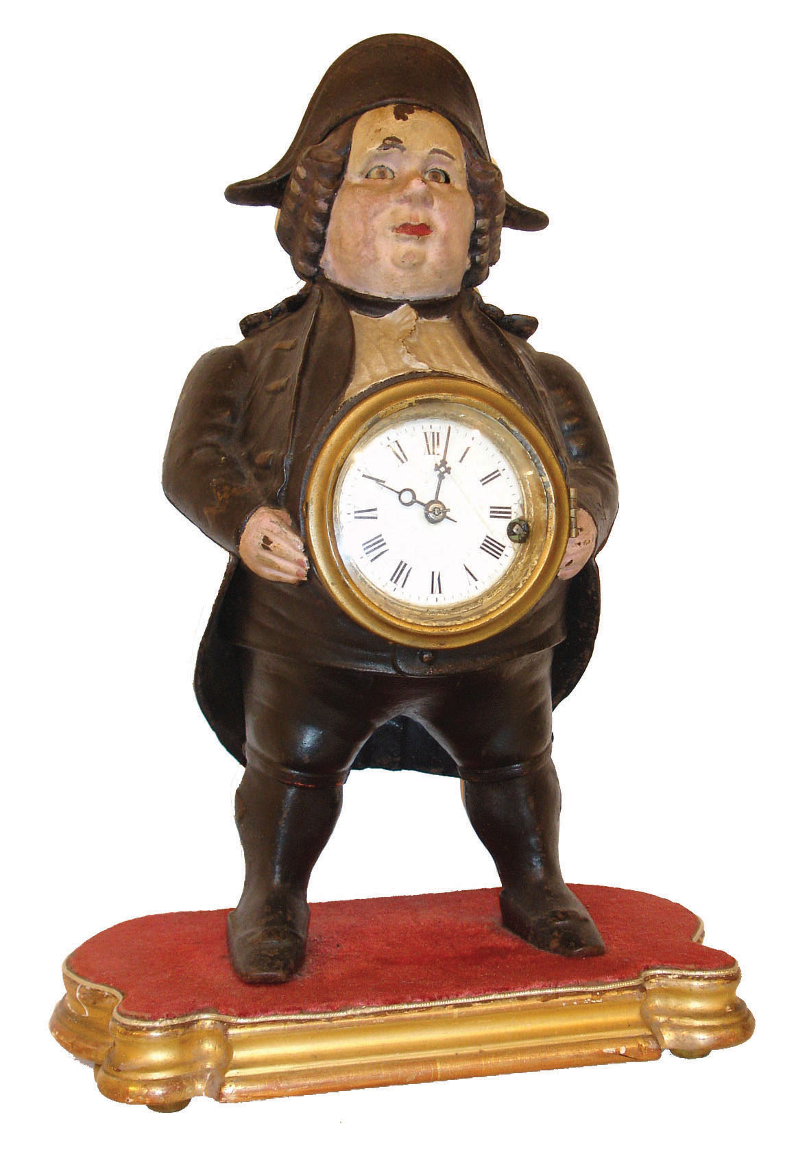 Bradley & Hubbard, Meriden, Conn., Continental blinking eye shelf clock, painted iron case with clock mounted in figures belly, Roman numeral white enamel dial, now mounted to a gilt wooden base, c1860 — Antique Clocks Price Guide