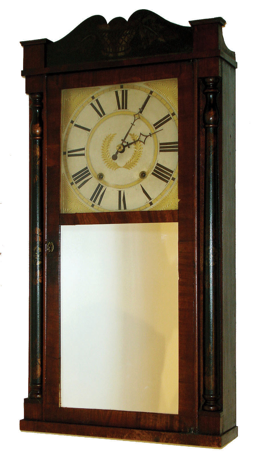 C. & N. Jerome, Bristol, Conn., 30 hours, time and strike weight wood movement half column & splat shelf clock, c1835 — Antique Clocks Price Guide