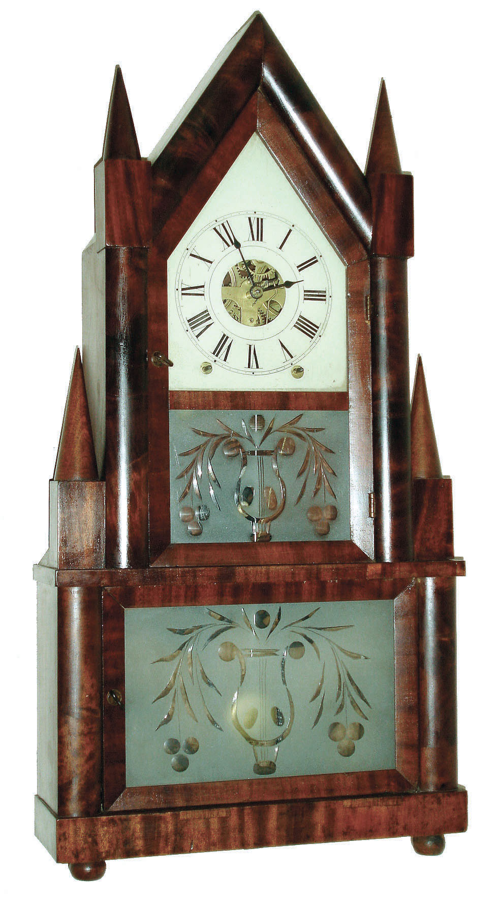 Birge & Fuller, Bristol, Conn., 8 days, time and strike Ives patent eight day wagon spring steeple on frame or double steeple shelf clock, c1845 — Antique Clocks Price Guide