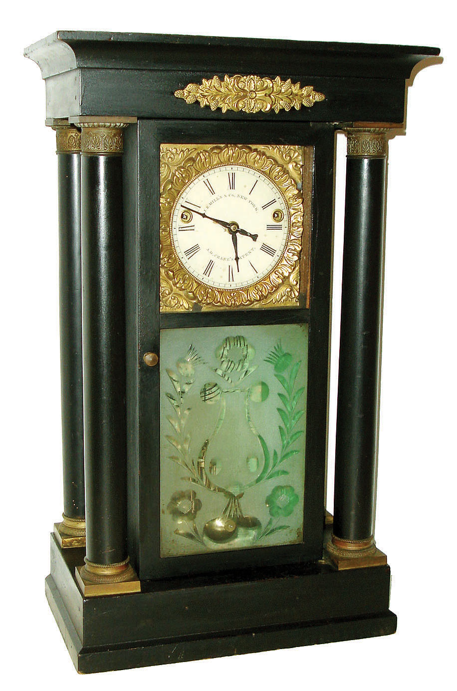 The Year Clock Co., New York, 12 month, brass fusee movement A. D. Crane's Patent empire six ball rotary pendulum year clock produced by J. R. Mills & Co, c1846 — Antique Clocks Price Guide
