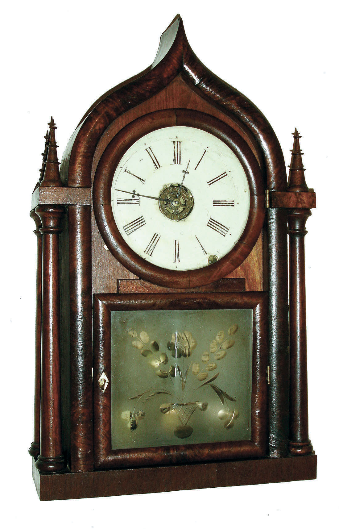 Brewster & Ingrahams, Bristol, Conn., 8 days, time, strike and alarm four column onion top shelf clock, c1850 — Antique Clocks Price Guide