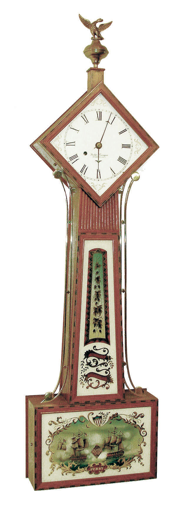 Foster S. Campos, Pembroke, Mass., "Diamond Head Banjo" wall clock, 8 days, time and passing strike, weight driven movement in an inlaid mahogany case with painted metal dial and reverse painted tablets, the upper signed "MUNROE CONCORD" and the  lower depicting Admiral Perry and the Commodore, by Tom Moberg, dated 2003 — Antique Clocks Price Guide