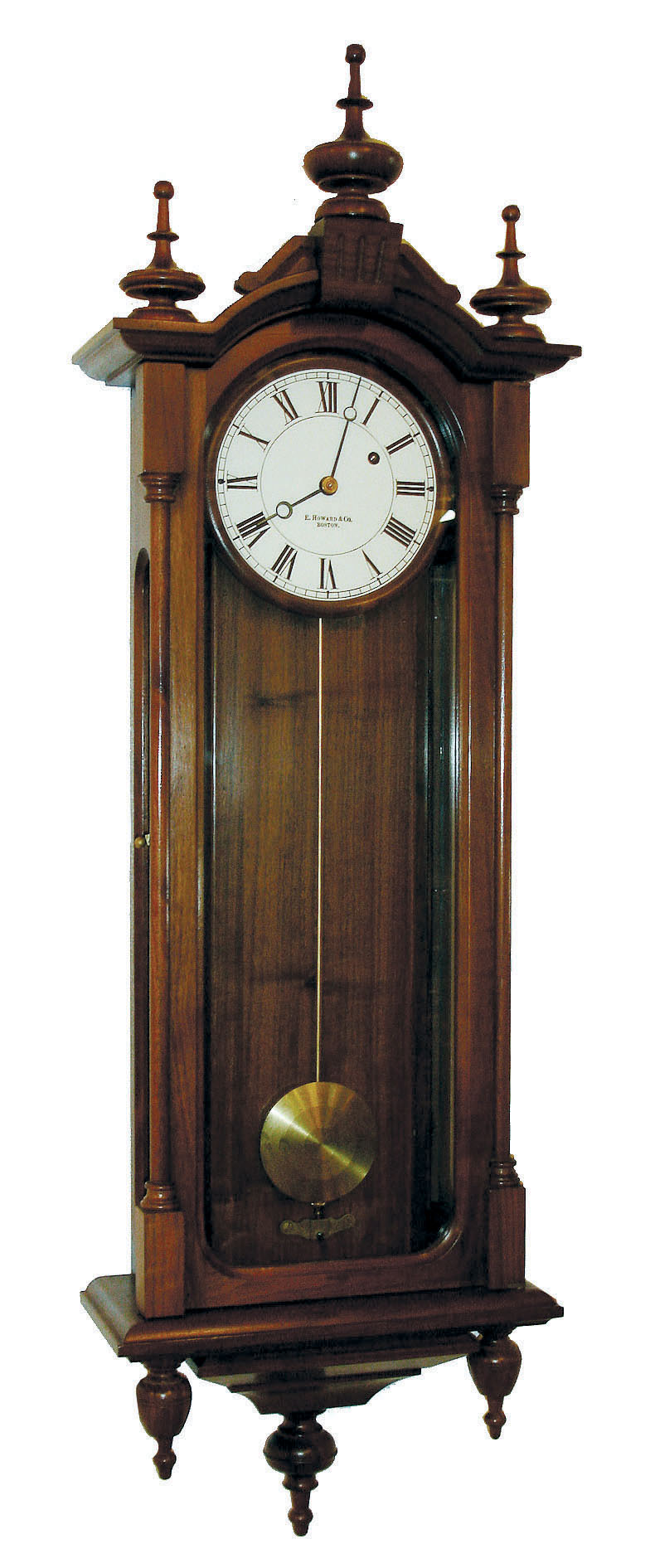 E. Howard & Co., Boston, Mass., "Regulator No. 59-6" reissue, wall clock, 8 days, time only, weight driven movement in a walnut case with 6" painted metal dial, serial #47, dated 1981 — Antique Clocks Price Guide