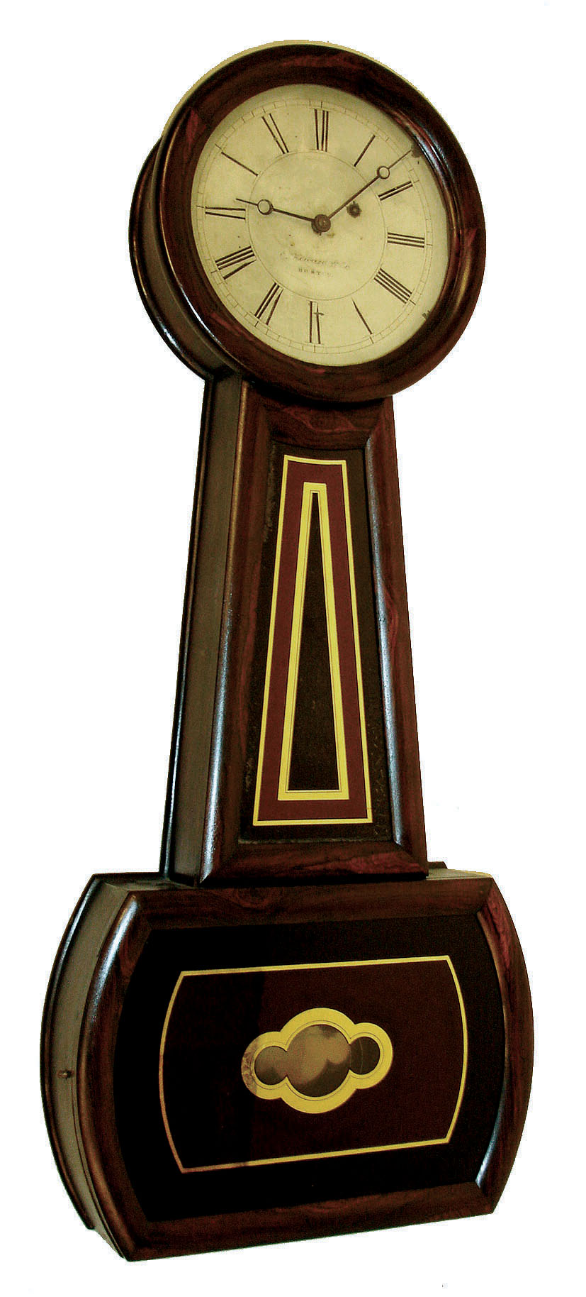 E. Howard & Co., Boston, Mass., "No. 3 Regulator" banjo wall clock, 8 days, time only, weight driven movement stamped "HOWARD & DAVIS" and "E, HOWARD & CO." in a rosewood grained case with reverse painted tablets and painted metal dial, c1860 — Antique Clocks Price Guide