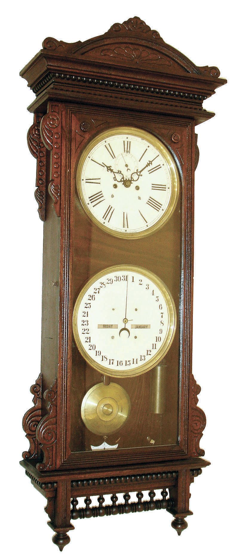 Waterbury Clock Co., Waterbury, Conn., "Calendar No. 25" calendar wall clock, 8 days, time and perpetual calendar, two brass weight driven movement in a walnut case with painted metal dials, c1900 — Antique Clocks Price Guide