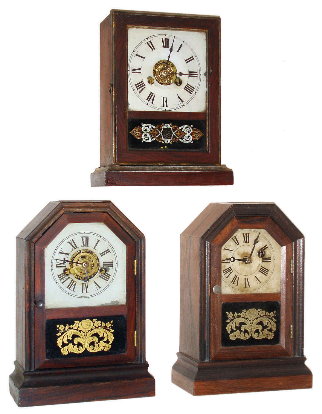 Clocks- 3 (Three) American 30 hour cottage clocks. (1) Jerome & Co., New Haven, Conn., time & alarm rosewood case c1870. (2) Daniel Pratt, Boston, Mass, time only, rosewood case c1870. (3) Horace Partridge & Co., Bristol, Conn., time & alarm rosewood case c1870. — Antique Clocks Price Guide