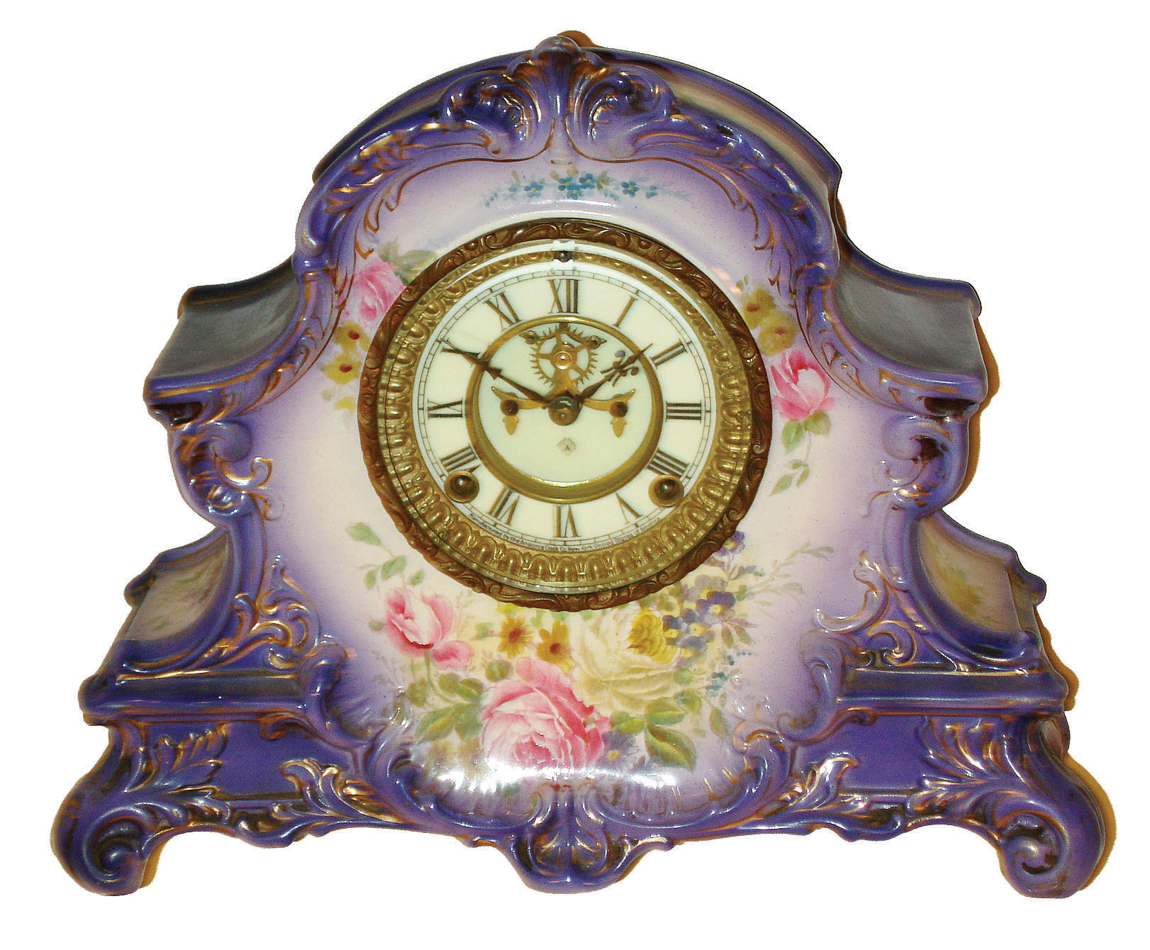 Ansonia Clock Company, New York, "La Nord" Royal Bonn 8 days, time and strike, porcelain mantel clock with visible escapement, c1904 — Antique Clocks Price Guide