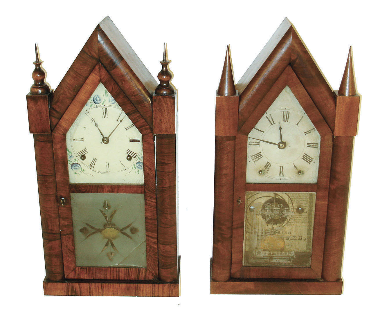 Clocks- 2 (Two) (1) Chauncey Jerome, New Haven, Conn., 8 days, time and strike, steeple, c1845. (2) Brewster & Ingrahams, Bristol, Conn., 30 hours, time and strike,, steeple with brass springs, c1850. — Antique Clocks Price Guide