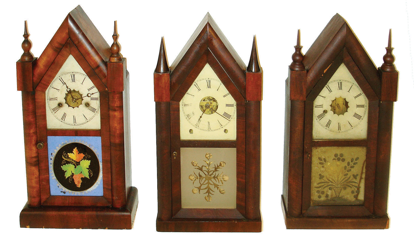 Clocks- 3 (Three): (1)Ansonia Clock Co., Ansonia, Conn., 8 days, time and strike steeple, c1855. (2)New Haven Clock Co., New Haven, Conn., 30 hours, time & alarm steeple, c1875. (3)New Haven Clock Co., New Haven, Conn., 8 days, time only, steeple, c1865. — Antique Clocks Price Guide