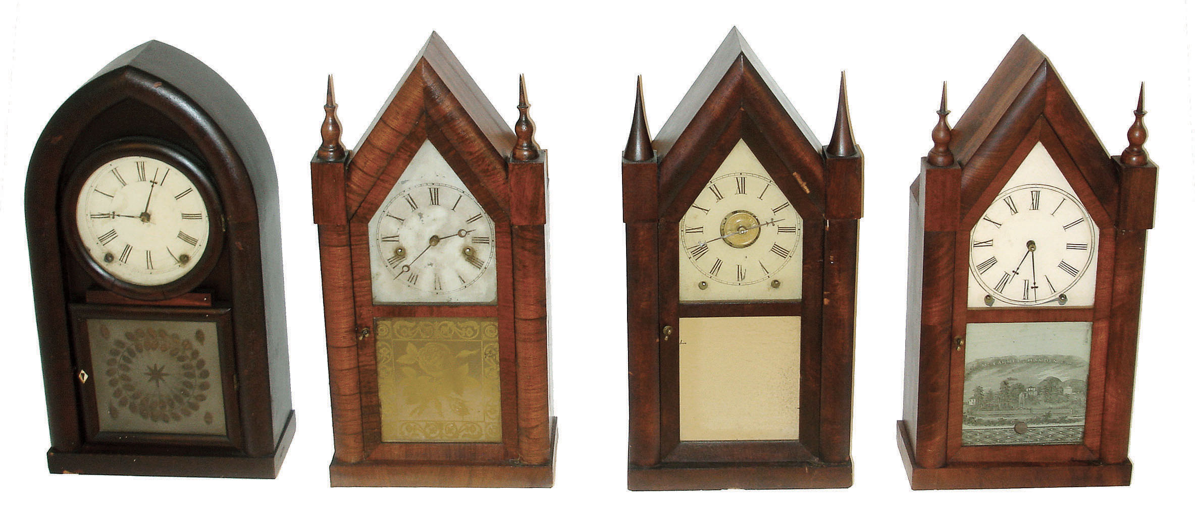 Clocks- 4 (Four): (1)Chauncey Jerome, New Haven, Conn., 8 days, time, strike & alarm sharp gothic or steeple clock, c1850. (2)E. & A. Ingraham, Bristol, Conn., 8 days, time and strike sharp gothic or steeple clock, c1852. (3)Ansonia Brass Co., Ansonia, Conn., 30 hours, time and strike sharp gothic or steeple clock, c1860. (4)Ansonia Clock Co., Ansonia, Conn., 8 days, time and strike round gothic or beehive clock, c1850. — Antique Clocks Price Guide