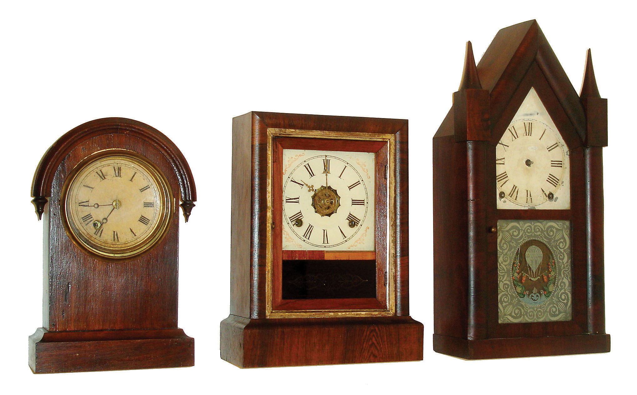 Clocks- 3 (Three): (1)Terry & Andrews, Bristol, Conn., 8 days, time and strike sharp gothic or steeple clock, c1848. (2) (Probably) Terry Clock Co., Waterbury, CT, 30 hours, tick-tac movement timepiece, c1870. (3)Ansonia Clock Co., Ansonia, Conn., 8 days, time, strike & alarm cottage clock, c1870. — Antique Clocks Price Guide