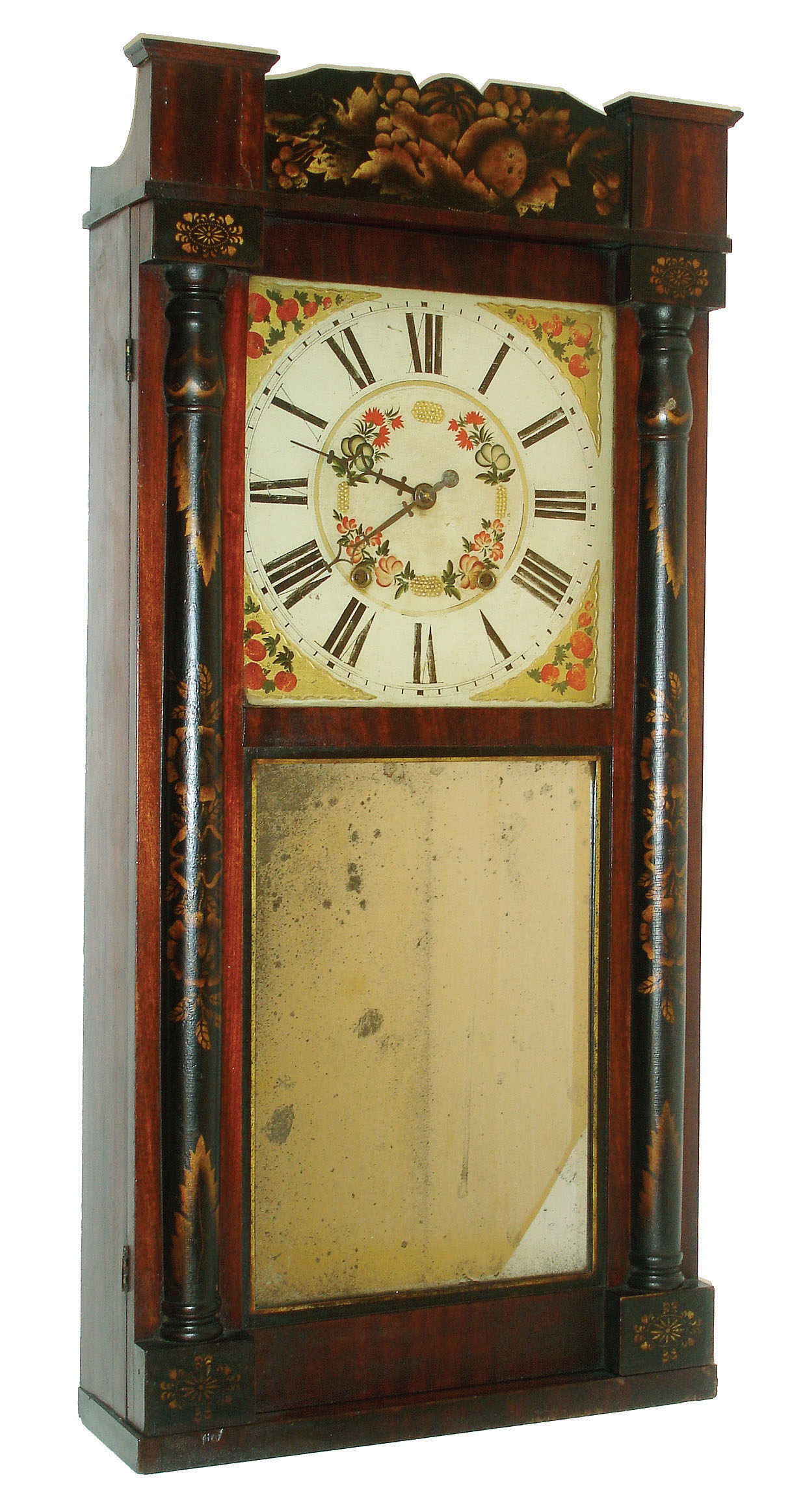 Clocks- 3 (Three): (1) William S. Johnson, 20 Courtlandt St., NY, 30 hours, time and strike,, OG c1849. (2) Ansonia Brass & Copper Co., Ansonia. CT 30 hours, time and strike,, OG, c1875, (3) Jeromes & Darrow, Bristol, Conn., 30 hours, time and strike,, wooden works "bronzed looking glass" clock, c1828. — Antique Clocks Price Guide