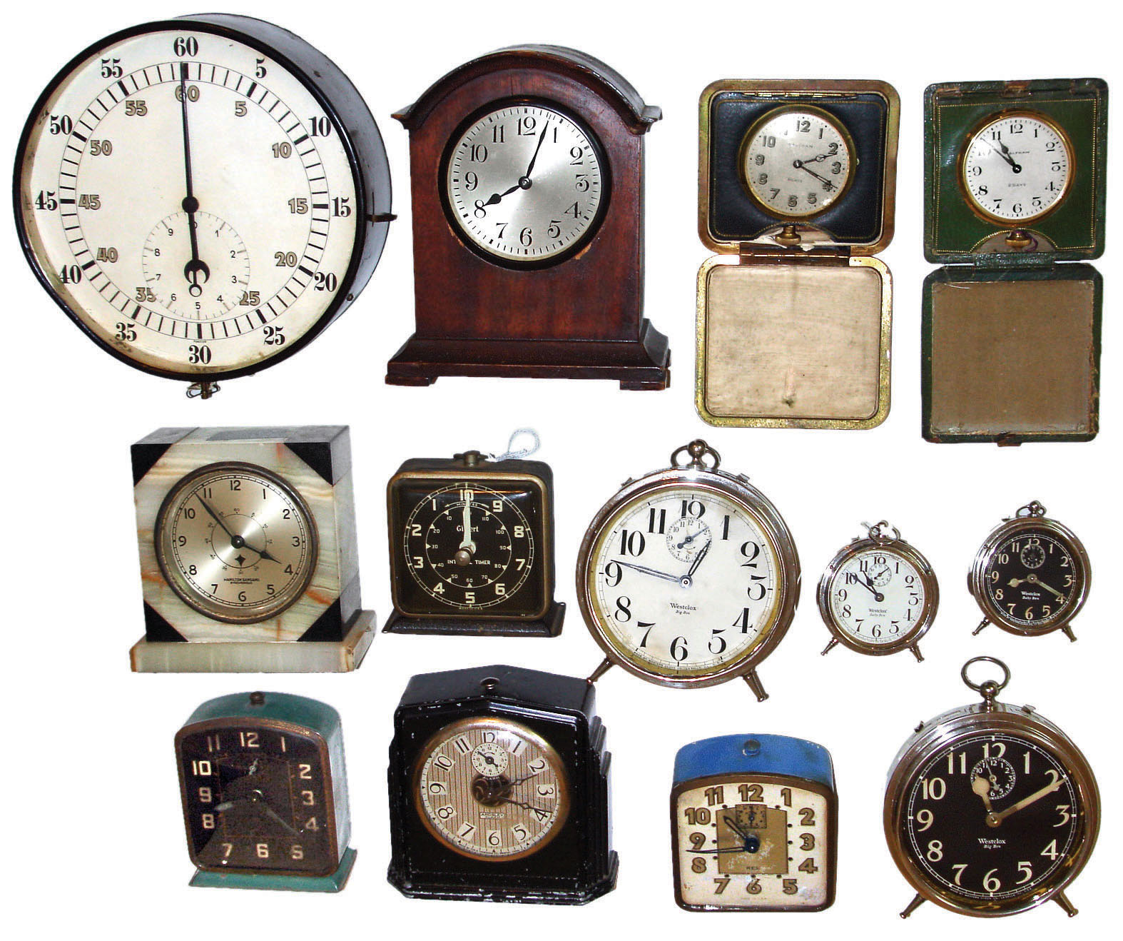 Clocks and Weather Instruments - 14 (Fourteen) alarm, travel, timer and salesman's samples in briefcase, 20th century and a box of clock keys and cranks — Antique Clocks Price Guide