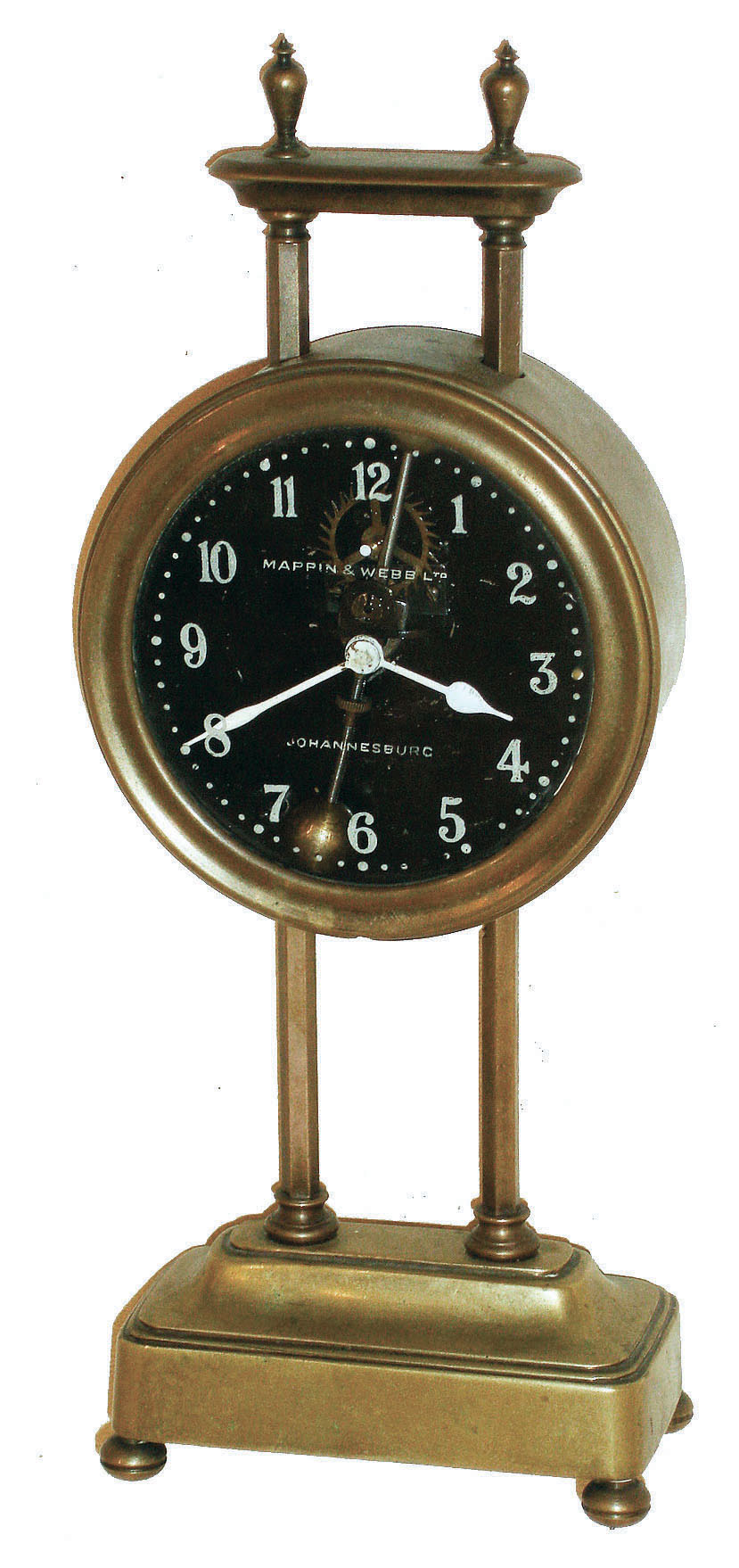 European gravity clock for Mappin & Webb Ltd., Johannesburg, South Africa, brass 30 hour timepiece with exposed compound pendulum, c1922. — Antique Clocks Price Guide