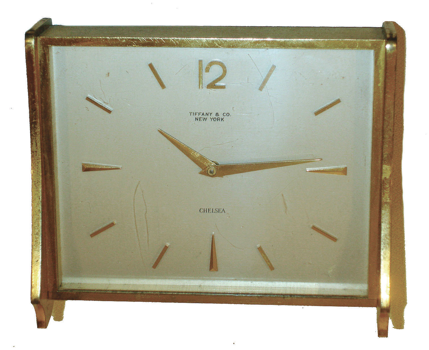 Chelsea Clock Co., Boston, for Tiffany & Co., New York, "Socialite" brass 8 day time only, desk clock, c1960. — Antique Clocks Price Guide