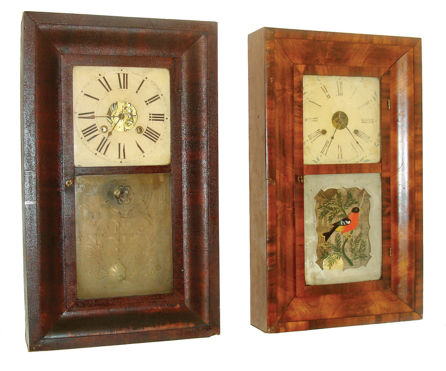 Clocks- 2 (Two): (1) Morse & Co., Plymouth Hollow, Conn., 30 hours, time and strike,, OG, c1854. (2) Chauncey Jerome, New Haven, Conn 30 hours, time and strike,, OG, c1850. — Antique Clocks Price Guide