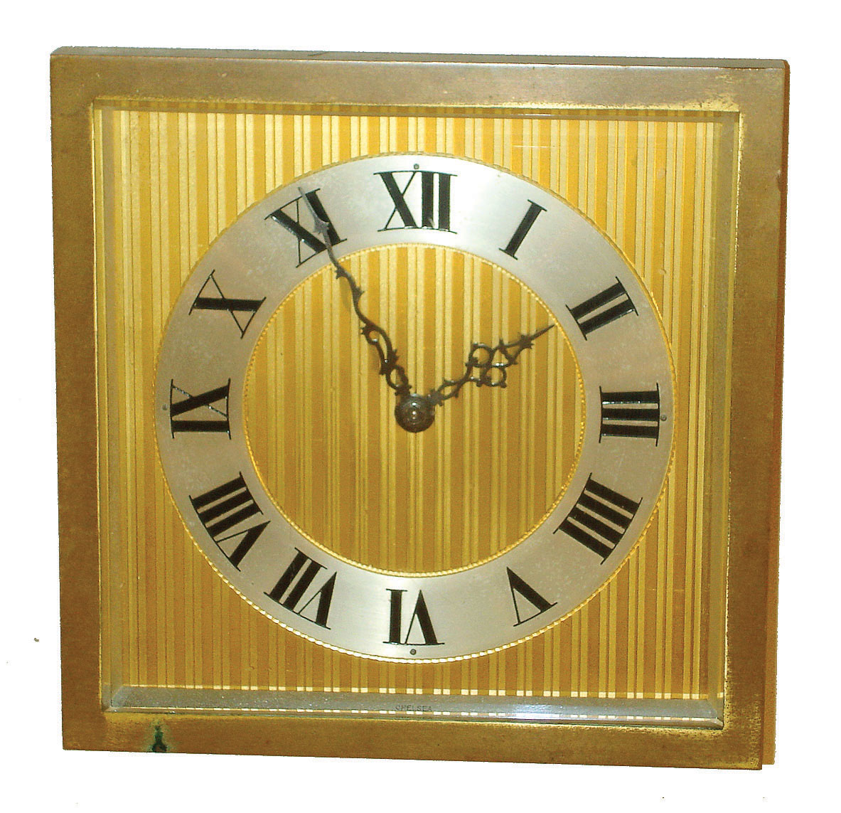 Chelsea Clock Co., Boston, "Raleigh" model 8 day time only, 8" easel desk clock in brass and beveled glass case with ribbed dial, #192756, 1929 — Antique Clocks Price Guide