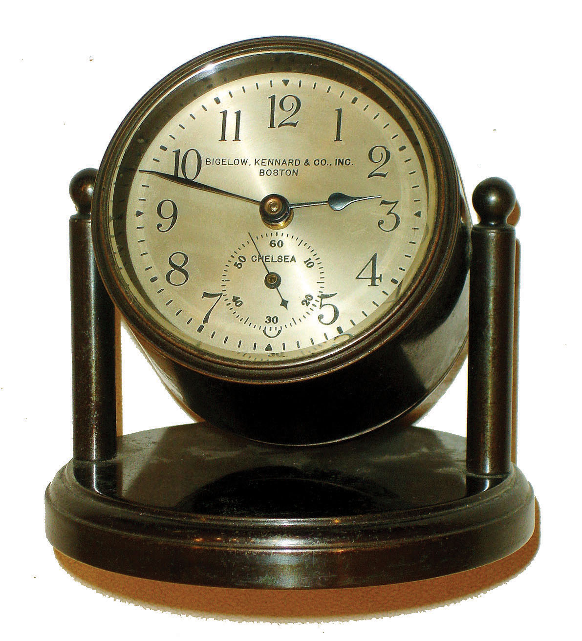 Chelsea Clock Co., Boston, for Bigelow, Kennard & Co., "Miniature Desk Clock" 8 day time only, in bronze tilting case with 3"dial, #176203, C.1927 — Antique Clocks Price Guide