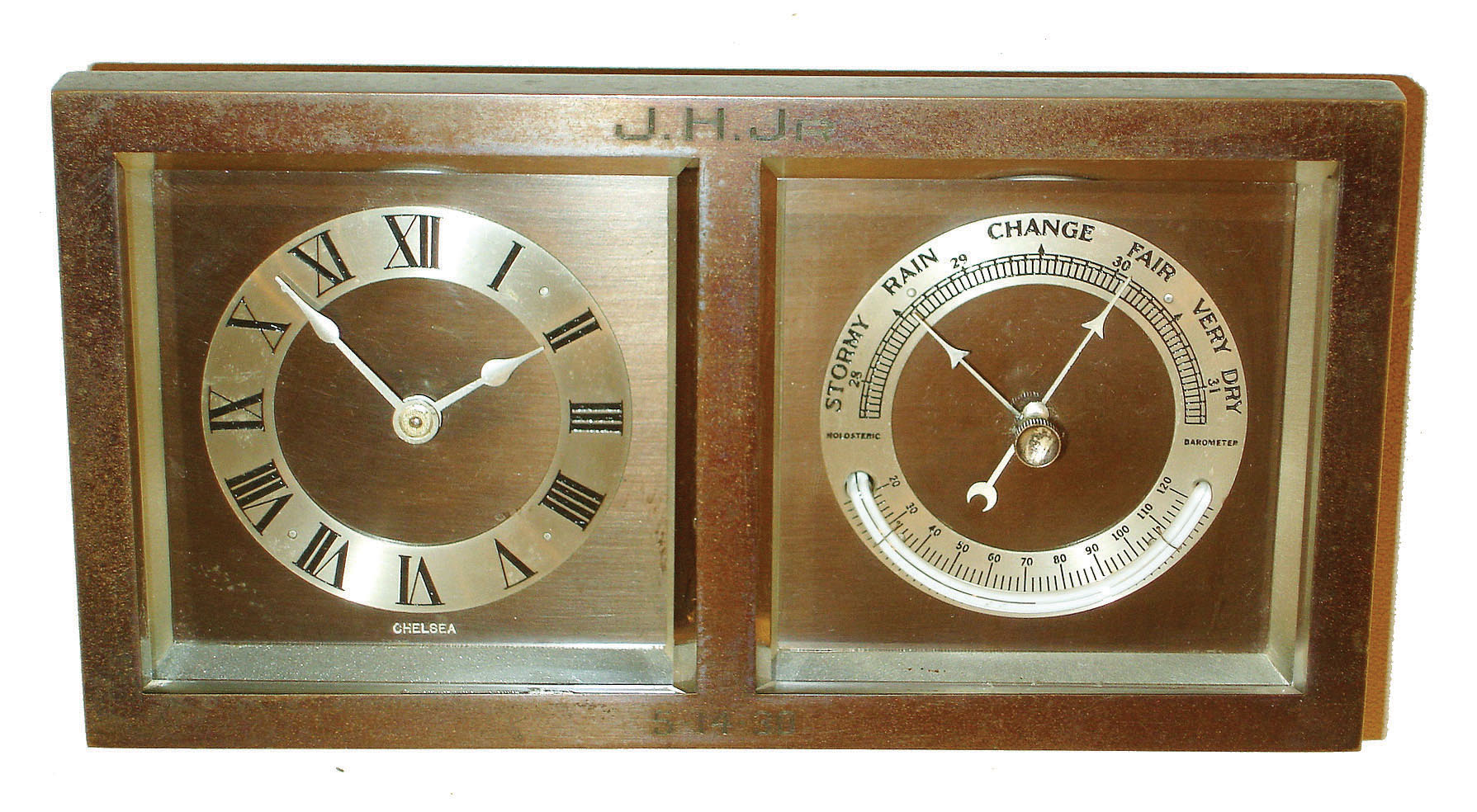 Chelsea Clock Co., Boston, "Perry" model 8 day clock and barometer/thermometer desk set in bronze case with 4" dials, #192781, 5-14-30 presentation — Antique Clocks Price Guide