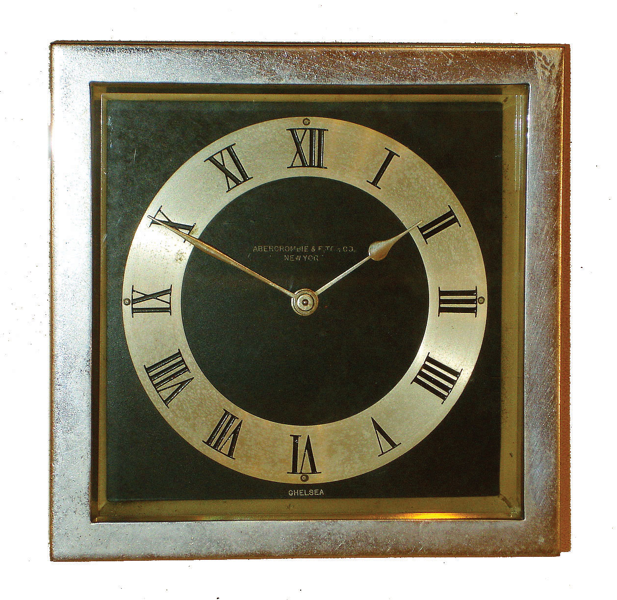 Chelsea Clock Co., Boston, for Abercrombie & Fitch, New York, "Drake" model 6" 8 day time only, easel desk clock in nickel plated case, #192493, 1929 — Antique Clocks Price Guide