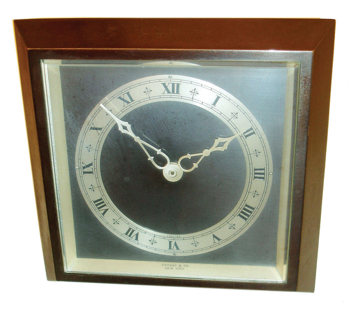 Chelsea Clock Co., Boston, for Tiffany & Co., New York, 8 day easel timepiece (similar to Drake model in square bronze and beveled glass case, #581555, c1953 — Antique Clocks Price Guide