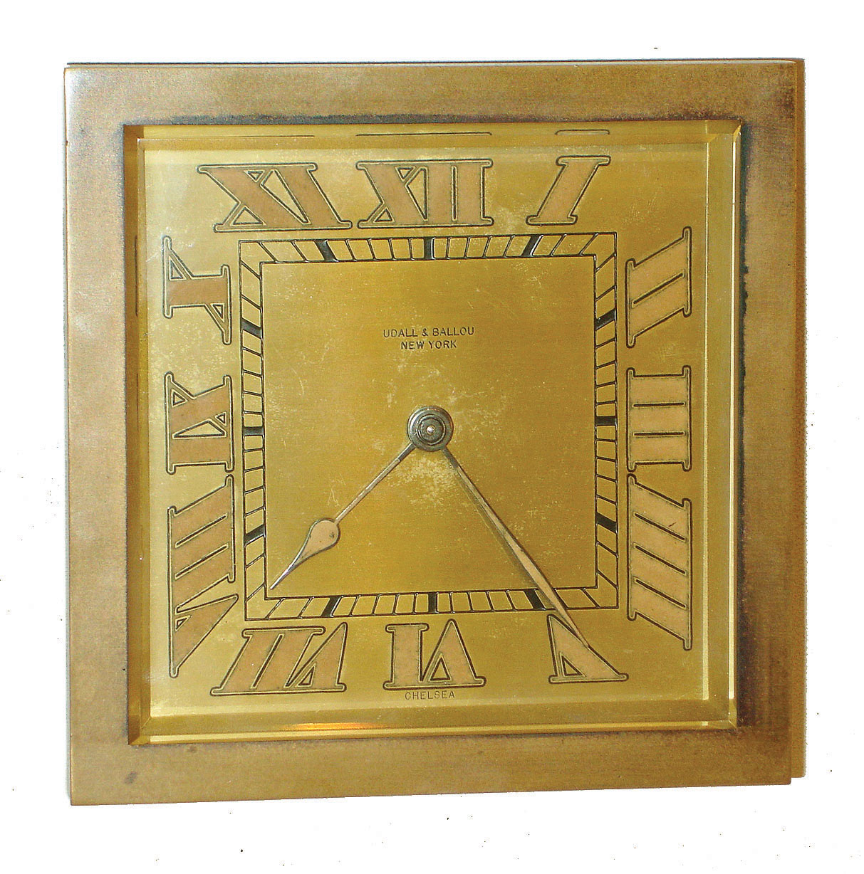 Chelsea Clock Co., Boston, for Udall & Ballou, New York, "Drake" model 6" 8 day time only, easel desk clock in brass and beveled glass case, #185466, 1928 — Antique Clocks Price Guide